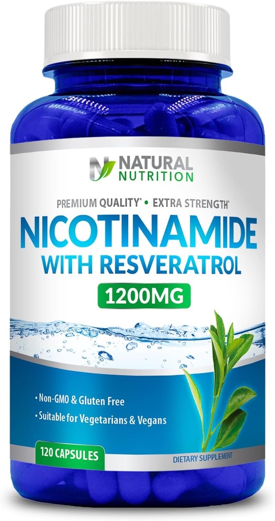 Generieke natuurlijke vitamine Extra sterkte Nicotinamide met Resveratrol 1200mg (Vitamine B-3) 120 Veggie Capsules Glutenvrij & Non-GMO
