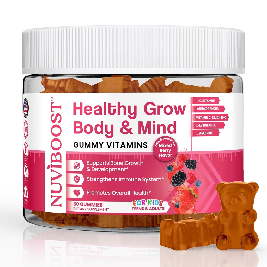 Gezonde Grow Height Growth Gummies Rijk aan calcium, vitamines C, D3, K2, L-Arginine, Ashwagandha, en anderen, Boost Bone Health & Immunity, Multivitamine, voor kinderen 5+, tieners en volwassenen.