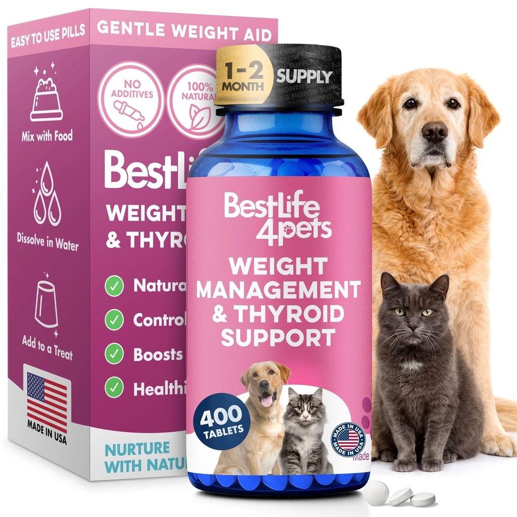 Weight & Thyroid Ondersteuning voor honden en katten, natuurlijke oplossing voor hongerbeheersing, voedingsondersteuning, optimale schildklierfunctie, effectief honden- en kattengewichtverlies, 400 reukloze, smaakloze pillen