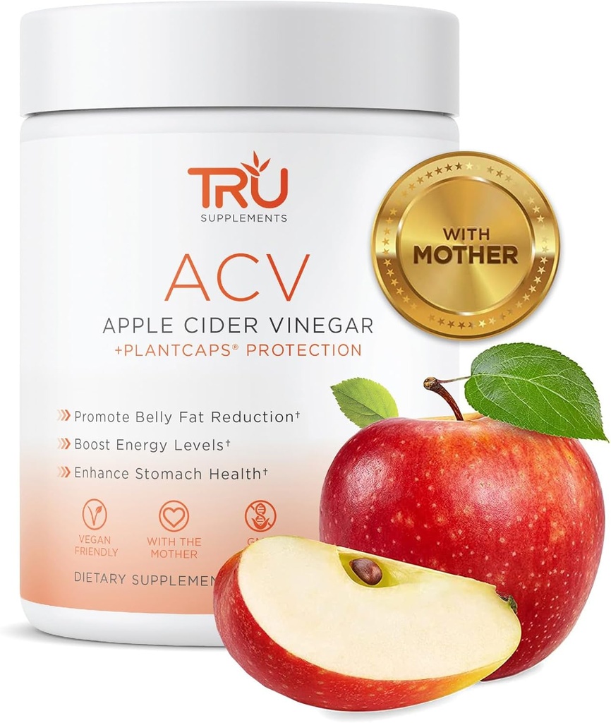 TRU Supplementen ACV, Apple Cider Vinegar, Biologische ACV met de moeder, Verbetert spijsvertering en huidgezondheid, 45 porties, 1000mg
