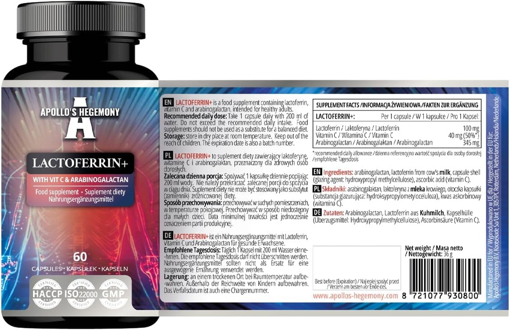 APOLLO'S HEGEMONY Lactoferrin+ 100 mg - met vitamine C en Arabinogalactan - 60 Vegan Capsules - 2 maanden aanbod - voor verbeterde immuniteit en ijzer Absorptie