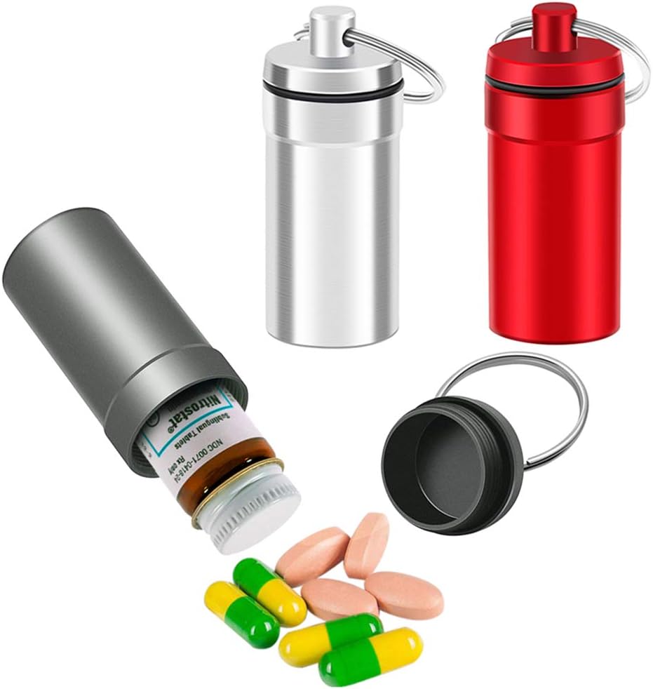 3 Packs Waterdichte aluminium pil Fob Container, EFFIET Nitro Bottle Holder Nitroglycerine Pill Case Emergency Keychain Pill Holder voor Medicine Organizer Dispenser (Zilver-Matt-Red)