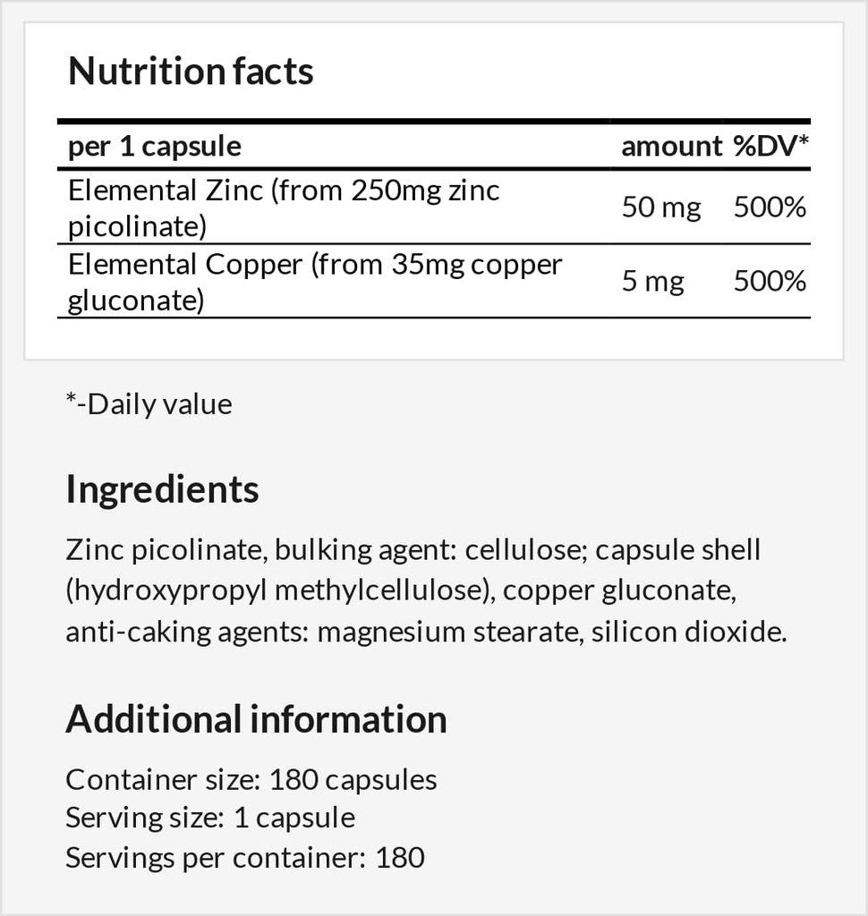 Z-Balance - Zink 50mg + Cooper 5mg - 180 Vegan Capsules - 6 Maanden Supply - Zink picolante en Cooper-supdate voor gezond haar, huid en nagels - door Apollo's Hegemony