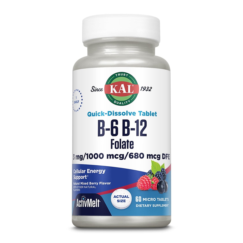KAL Vitamine B-6, B-12 & Folic Acid Supplement, Heart Health, Energy & Red Blood Cell Support*, met vitamine B12 Methylcobalamine & Folate, Natural Berry Flavor, 60 Servings, 60 ActivMelt Micro Tablets