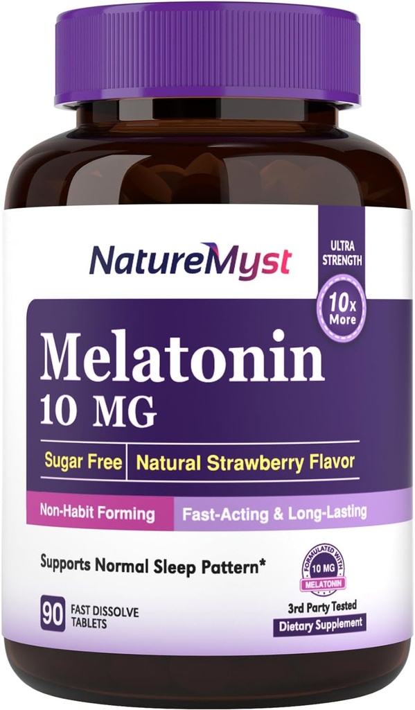 Melatonine 10 MG, Fast Solution Tablets, Ultra Strength, Non-Habit Forming, Slaap & Calmness Ondersteuning, Geen Suiker, Natuurlijke Aardbei Smaak, 90 Tabletten