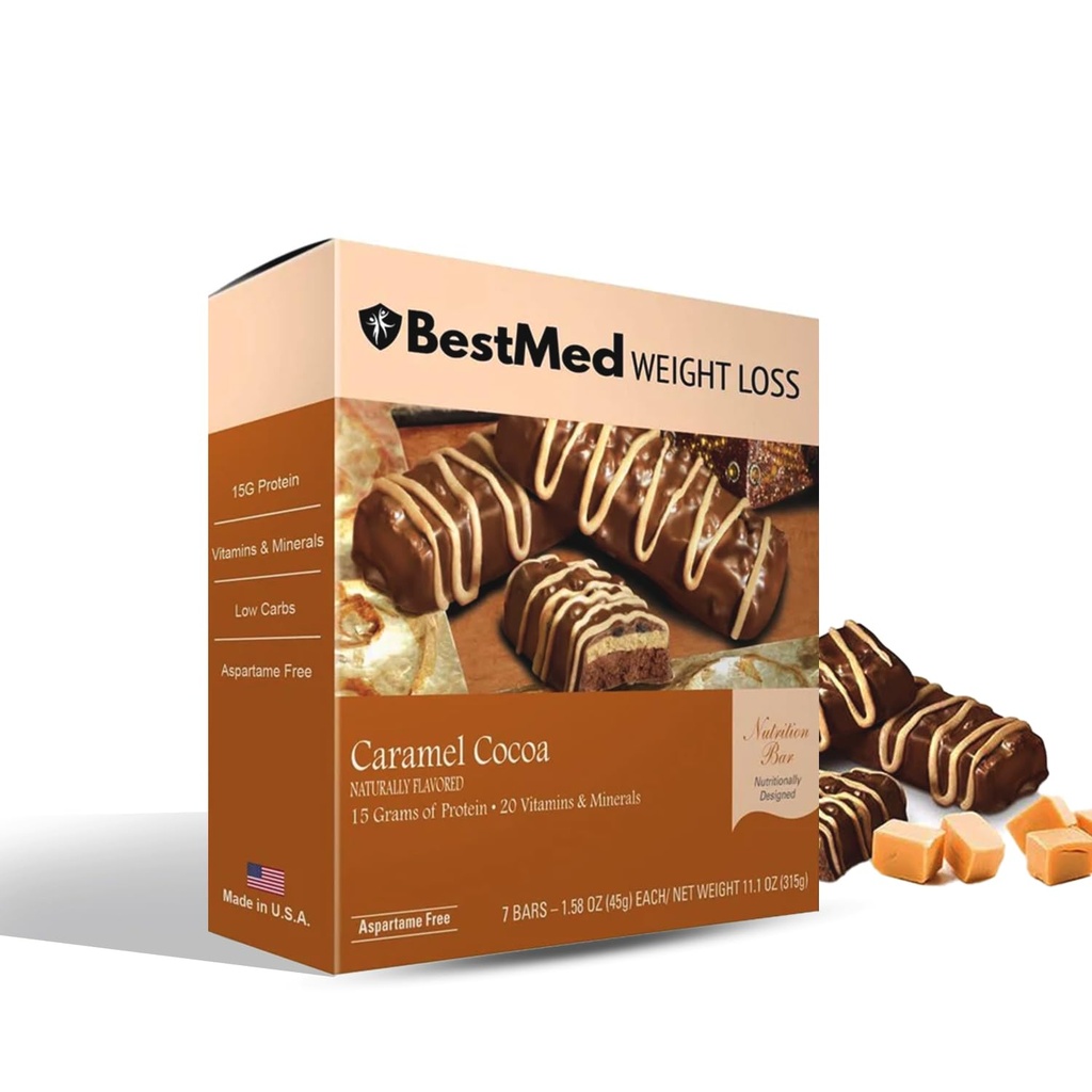 BestMed - High Protein Nutrition Bar - Low-Carb, 15g Proteïne, Low Sugar, High Fiber, Low Calorie, Meal Replacement Bar (Caramel Cocoa, 1 Box - 7 Tellen)
