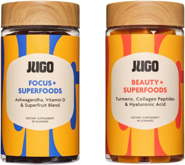 JUGO Beauty + Focus Gummies Bundle – Ashwagandha, Collagen & Biotin – soutient Focus, Stress Relief, Cheveux, Peau et Nails – à base végétale, sans gluten