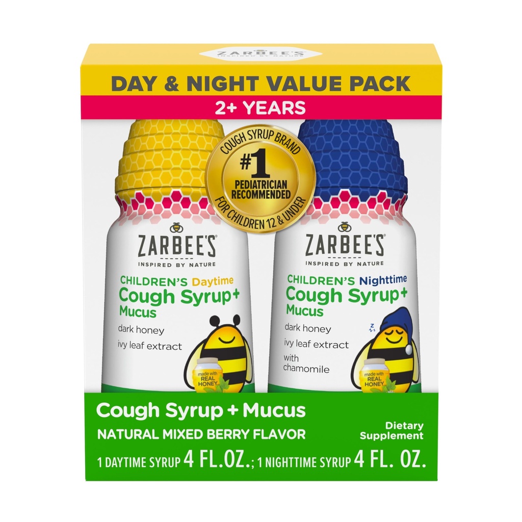 Les enfants de Zarbee Chair Sirup + Mucus Day & Night Value Pack, Daytime & Night Toddler Sirup, Miel foncé, Extrait Ivy Leaf, Camomille, Mixed Berry Flavor, 2X 4 Fl Oz