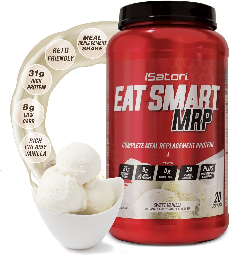 iSatori Eat Smart MRP, High Protein Meal Replacement Shake with Whey Protein Powder, Probiotics Powder, Casein Protein, MCT Oil, Egg Albumen, Vitamins & Minerals, Keto, Vanilla Flavor, 20 Servings