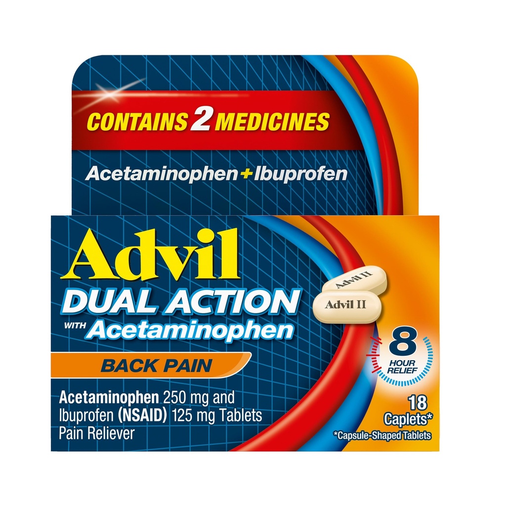 Advil Dual Action Terug Pijn Caplets Levert 250 mg Ibuprofen en 500 mg Acetaminofen per dosis voor 8 uur van rugpijn verlichting - 18 Tel.