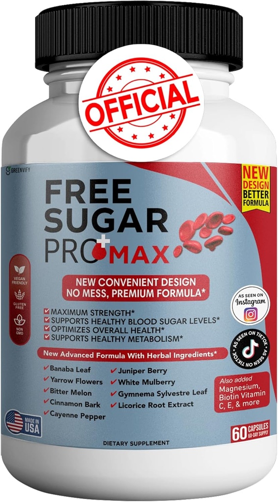 Free Sugar Pro Max Toute la formule naturelle pour maintenir des niveaux sains, la formule quotidienne de force maximale, les examens de santé de sucre de sang (1 paquet - 60 capsules)