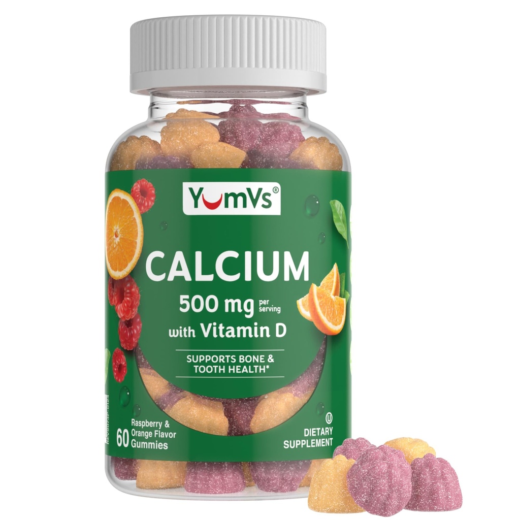 YumVs Calcium 500mg met vitamine D3 - Raspberry & Orange Smaak Calcium Vitamine D Gummies, Kauwbaar Calcium Supplement voor kinderen & Volwassenen, Vitamine D Calcium Gummies, Kosher Halal Glutenvrij (60 Tel.)