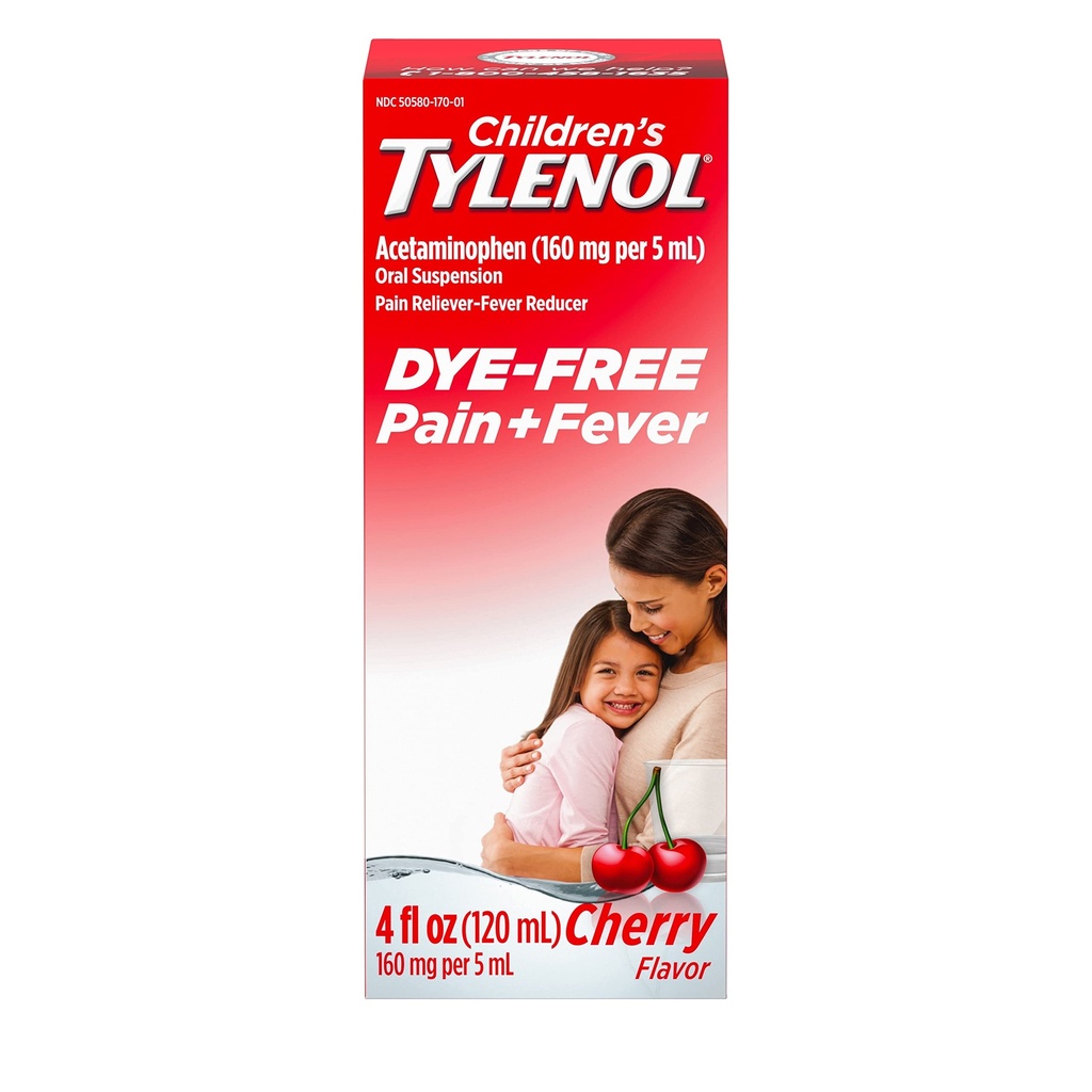 Tylenol Liquid Suspension Pain Reliever & Fever Reducer voor kinderen met Acetaminofen, Aspirine-, Ibuprofen-, Hoge Fructose Corn Syrup- & Dye-Free, Cherry, 4 Fl. Oz