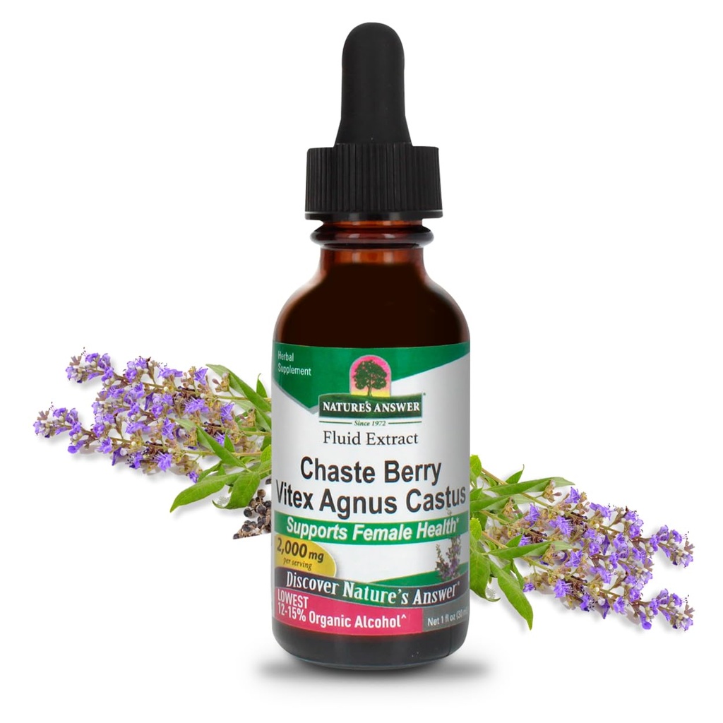 Soutient l'équilibre hormonal féminin, fabriqué à partir de 2000 mg d'herbe pure par portion de 2 ml et certifié biologique faible alcool, sans gluten, non OGM, certifié Kosher, végétalien