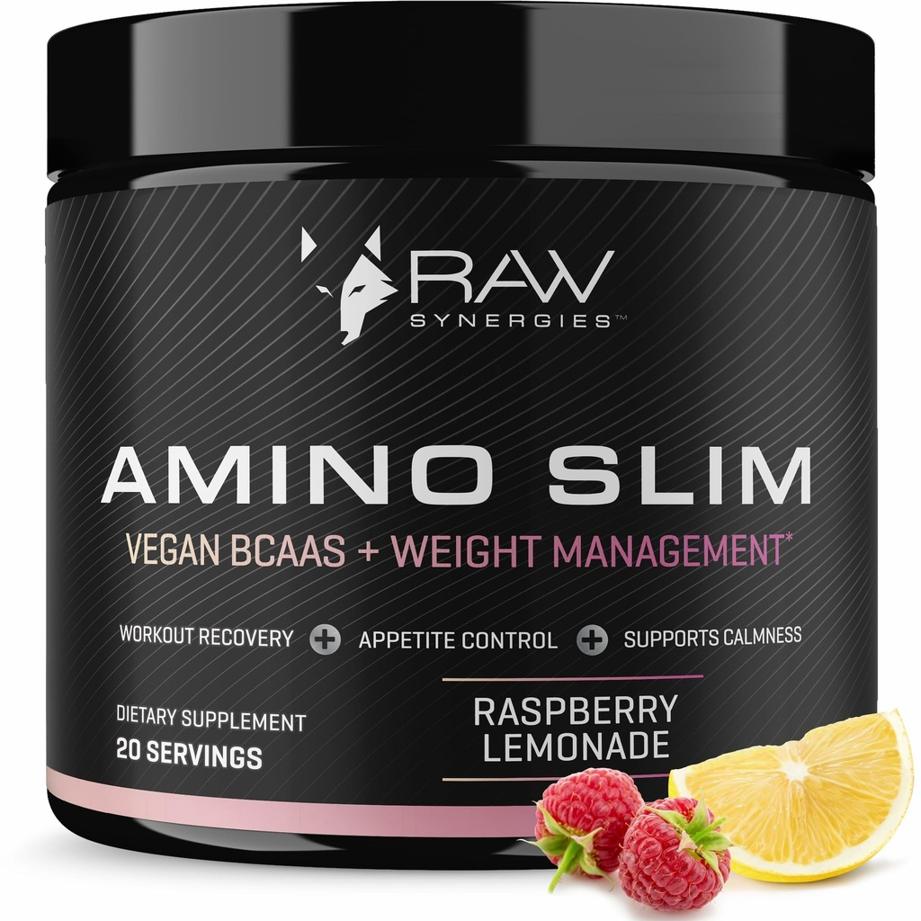 RAW Synergies Amino Slim - Supplément Lifestyle actif pour le soutien alimentaire métabolique et conscient - Muscle et soutien énergétique - Sans sucre et végétalien - Lémonade aux framboises - 20 portions