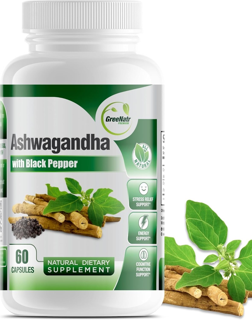 GreeNatr Biologische Ashwagandha capsules met zwarte peper voor verbeterde absorptie - Mood Enhancer met energie en cognitieve functie - 1300 mg Veggie Capsules (1 fles)