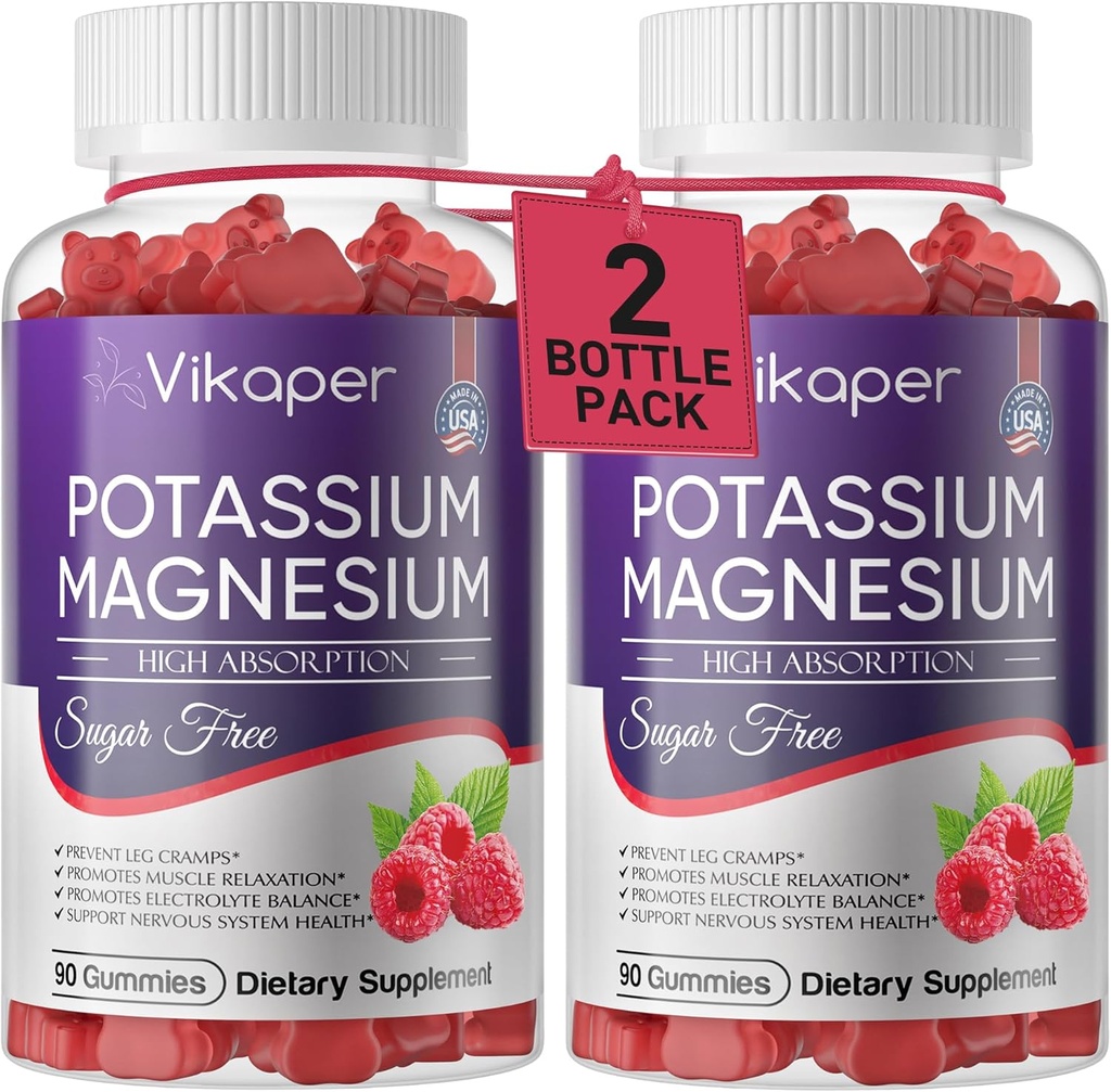 Kalium Magnesium Gummies 500 mg Sugar-Free Magnesium Glycinate Supplement met Magnesium L-Threonate, Vitamine D3, Verbeterde beenkrampen, muscle, Heart Health voor volwassenen Raspberry Flavor 180 Tel.