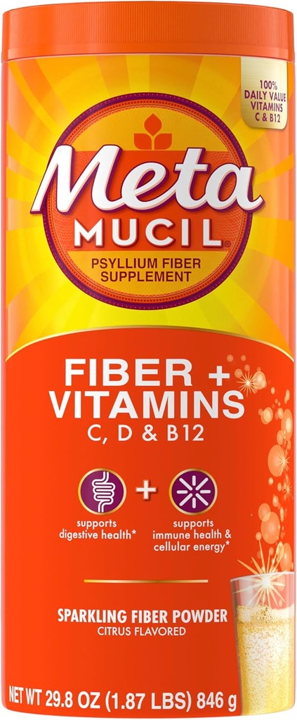 Metamucil Sparkling Fiber Supplement + Vitaminen, Plant Based Psyllium Husk Powder met vitamines C, D & B12, Dagelijkse vezel Supplement voor de spijsvertering, Citrus smaak, Suikervrij, 90 Servers