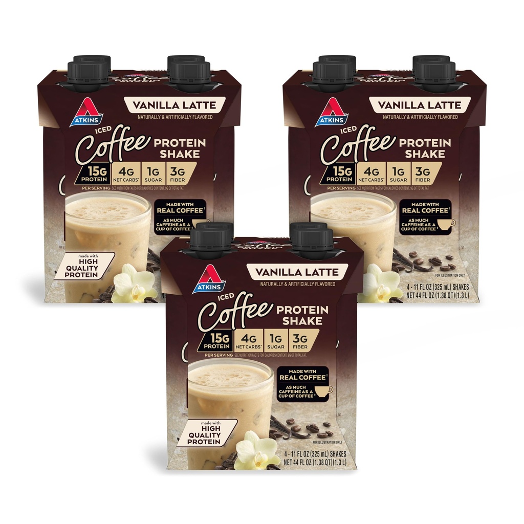 Atkins Iced Coffee Vanilla Latte Protein Shake, Coffee and Vanilla Flavored, 15g Protein, 4g Net Carbs, 1g Sugar, Low Carb, Keto Friendly, High Protein Shake, 12 Pack (11 fl. oz each)