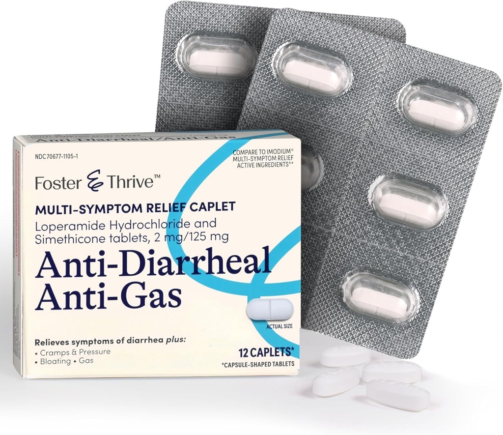 Foster & Thrive Loperamide Hydrochloroide en Simethicone Anti-Diarree Anti-Gas Multi-Symptoom Relief, 48 Caplets, Behandeling van diarree, gas, opgeblazen gevoel, krampen en druk, 12 Capletes (pakket van 4)