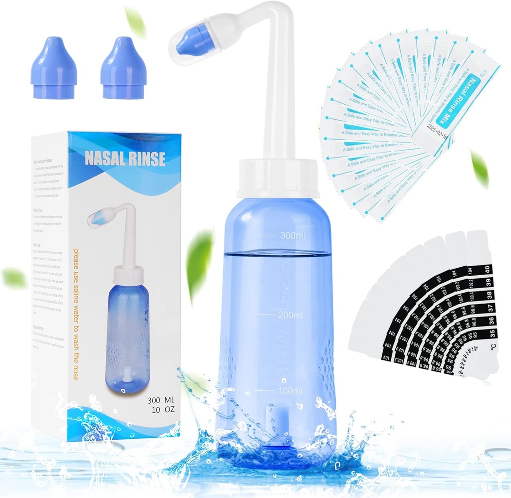 URAQT Neti Pot, Nasal Rinse Kit Neuswasreiniger, 300ml Sinus Sinaasfles met 20 Nasal Wash Zout Pakjes en 10 Thermometer Sticker, Druk Sinas Neus Besproeiing voor volwassen en Kid BPA Gratis