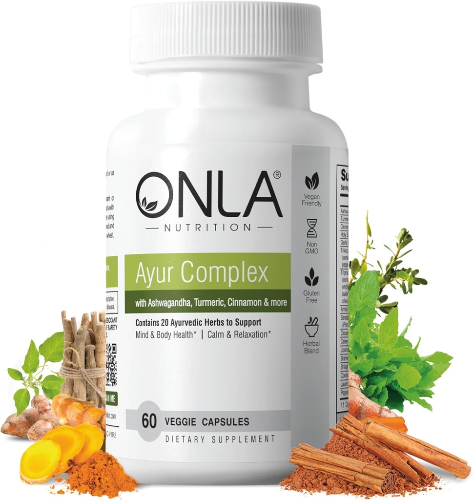 ONLA Vegan Ayurveda Kruidensupplementen (20-in-1 Kruidencapsules) - Kurkumasupplementen met Ashwagandha, kaneel, Triphala, Brahmi - natuurlijke ingrediënten, plantaardige energiesupplementen (60 Cap)
