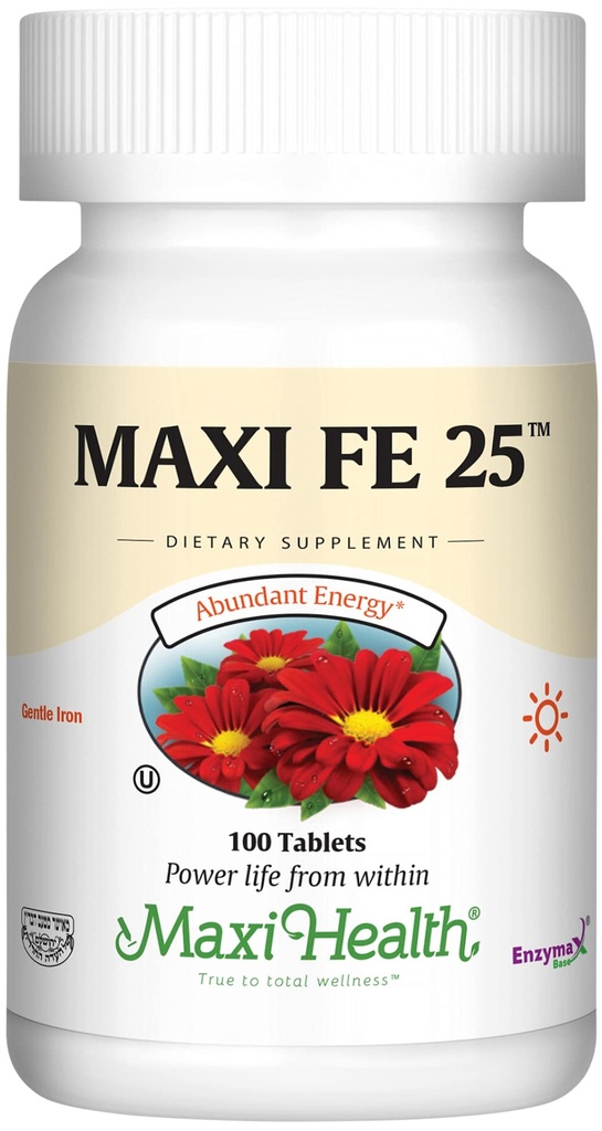 Maxi Health Iron Supplement for Women & Men - Gentle Iron 25 mg for The Mtomach - Non Constipating* Pillen - Kosher - Niet GGO - Vegetarisch (100 tabletten)