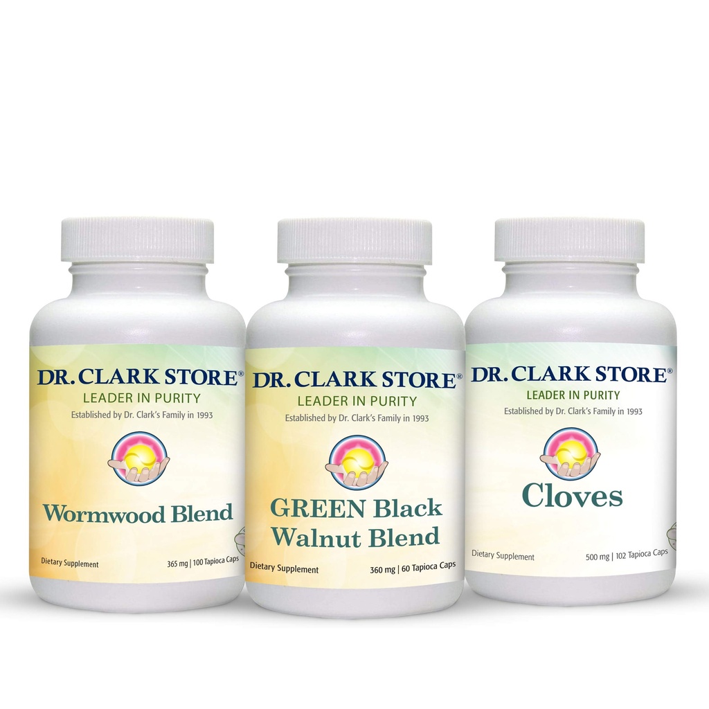 Dr Clark Store Kit de soutien et de nettoyage intestinal - avec les coques de noix noires séchées au gel, Wormwood et Cloves-helps maintenir la fonction intestinale optimale - Capsules végétariennes