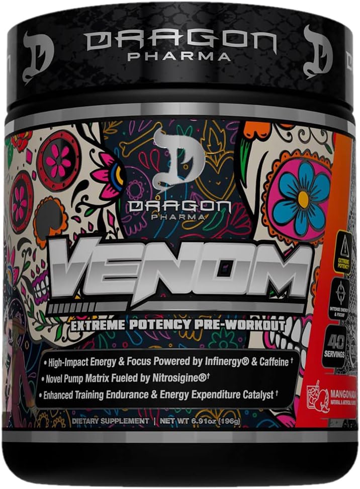 DRAGON PHARMA Venom Extreme Potency Pre-Workout, Laser Sharp Focus + Energy, Intense Performance, Proven Ingredients for Enhanced Vasodilatation & Endurance (40 Servers, Mangonada)