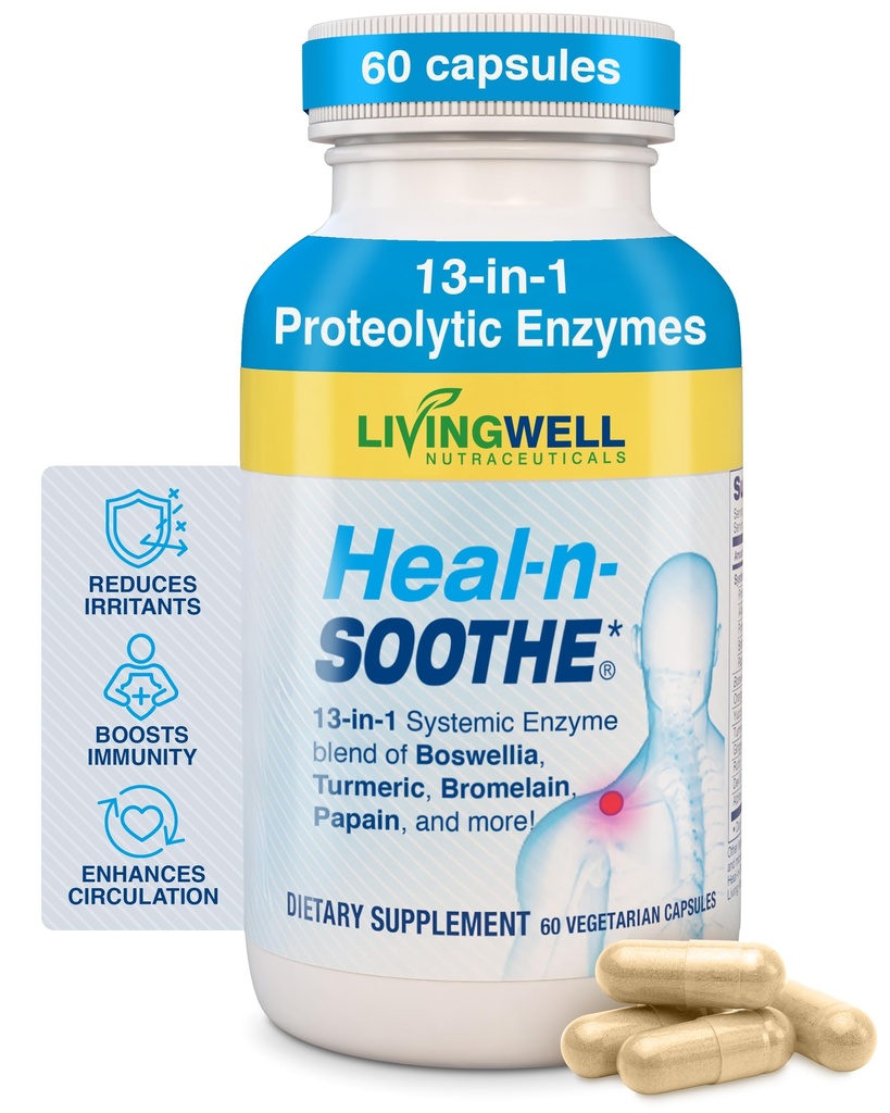 HEAL-N-SOOTHE Joint Support Suppléments - Enzymes protéolytiques comme Bromelain & Papain, avec Boswellia, Turmeric & Ginger- favorise la fonction digestive protéinique et la défense du corps Wellness- 60 Compte (1 Pack)