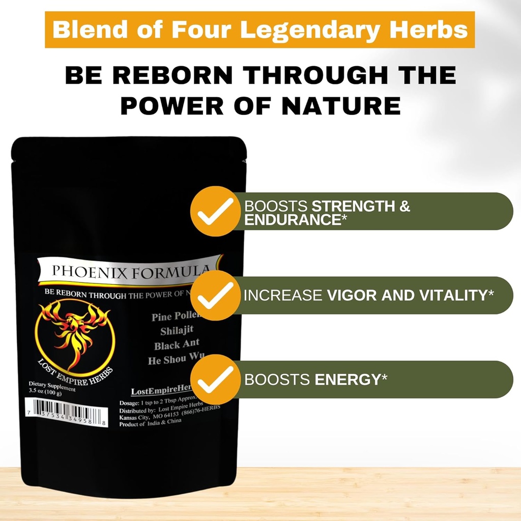 Phoenix Rejuvenation Formula - Verloren Empire Kruiden Energie Blend van 4 Top Natural Health Kruiden Pine Pollen, He Shou Wu, Ant, en Shilajit (100g poeder)
