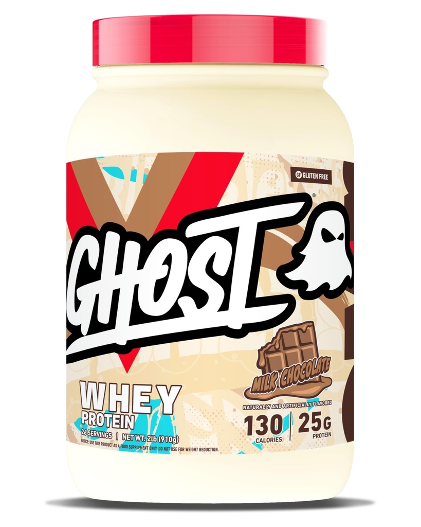 GHOST Poudre de protéines de lactosérum, chocolat au lait - 2LB, 25G de protéines - Blend de protéines de lactosérum - Après l'entraînement Fitness et nutrition Shakes, Smoothies, Cuisson et cuisson - Sans soja et sans gluten