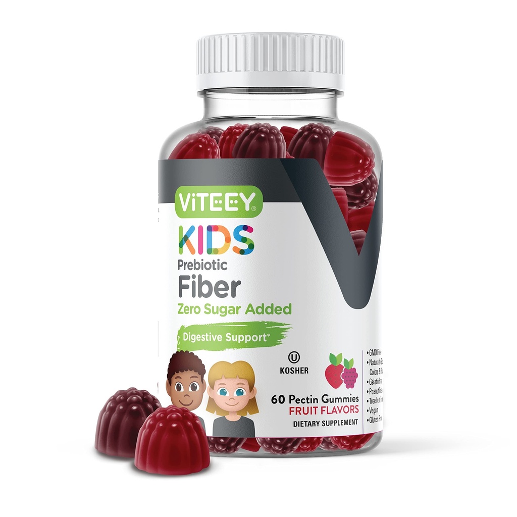 Viteey Prebiotic Kids Vezel voor Constipatie Verlichting, Digestieve Gezondheid Regularity Ondersteuning, Natuurlijke Gewicht Ondersteuning - Fiber 4g, Zero Sugar Toegevoegd, Veganistisch, Glutenvrij - Smakelijke Kauwbare Fruit Smaak Gummy