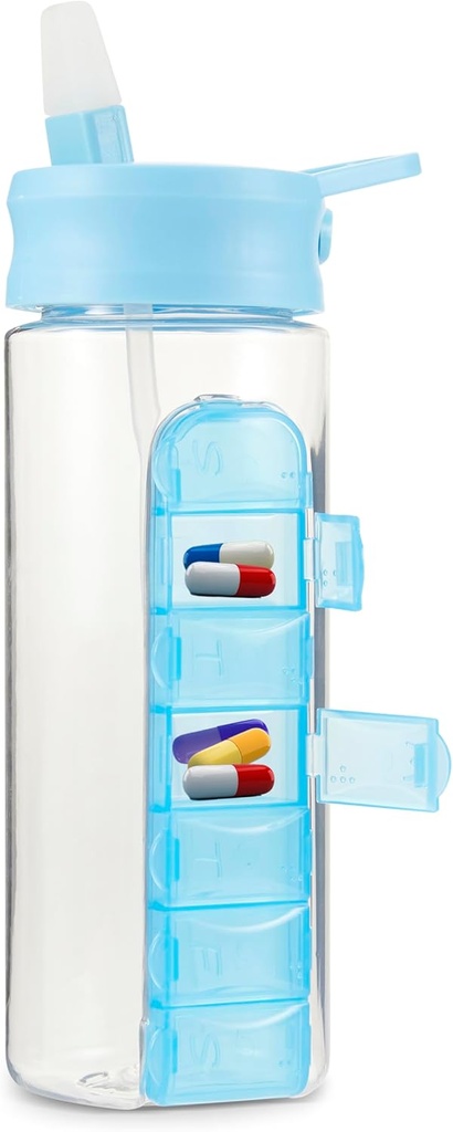 MARS WELLNESS Bouteille d'eau 24 once avec Pill Box Slideout, Organisateur quotidien - Porte-médicaments 7 jours, Pill Container Easy Slide Out, Popup Straw for Hydratation