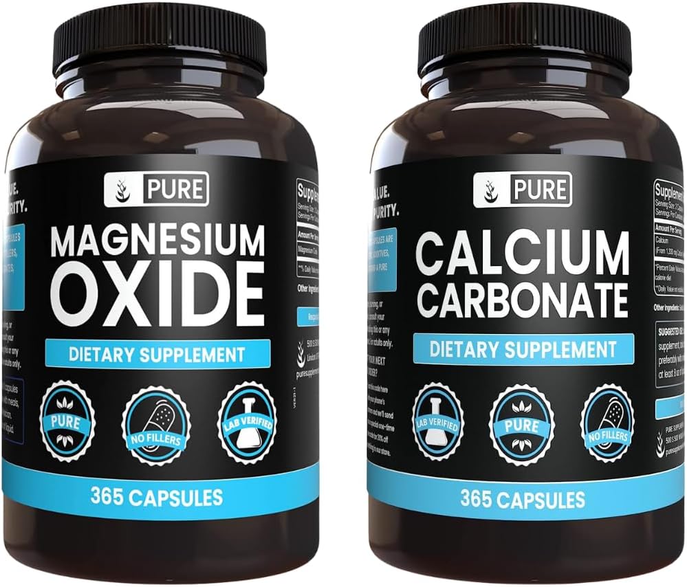 Pure Original Ingrediënten Calcium Carbonaat en Magnesiumoxide bundel, 365 Capsules Elke, Geen Fillers, Alwasy Pure