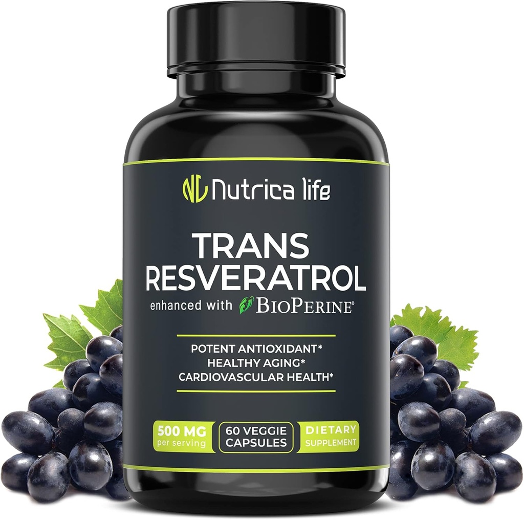 Trans Resveratrol Supplement 500mg Krachtige Anti Veroudering Formule, Krachtige Antioxidant voor Hart & Cellular Health, Brain Booster Supplementen met Bioperine, 60 Vegan Caps