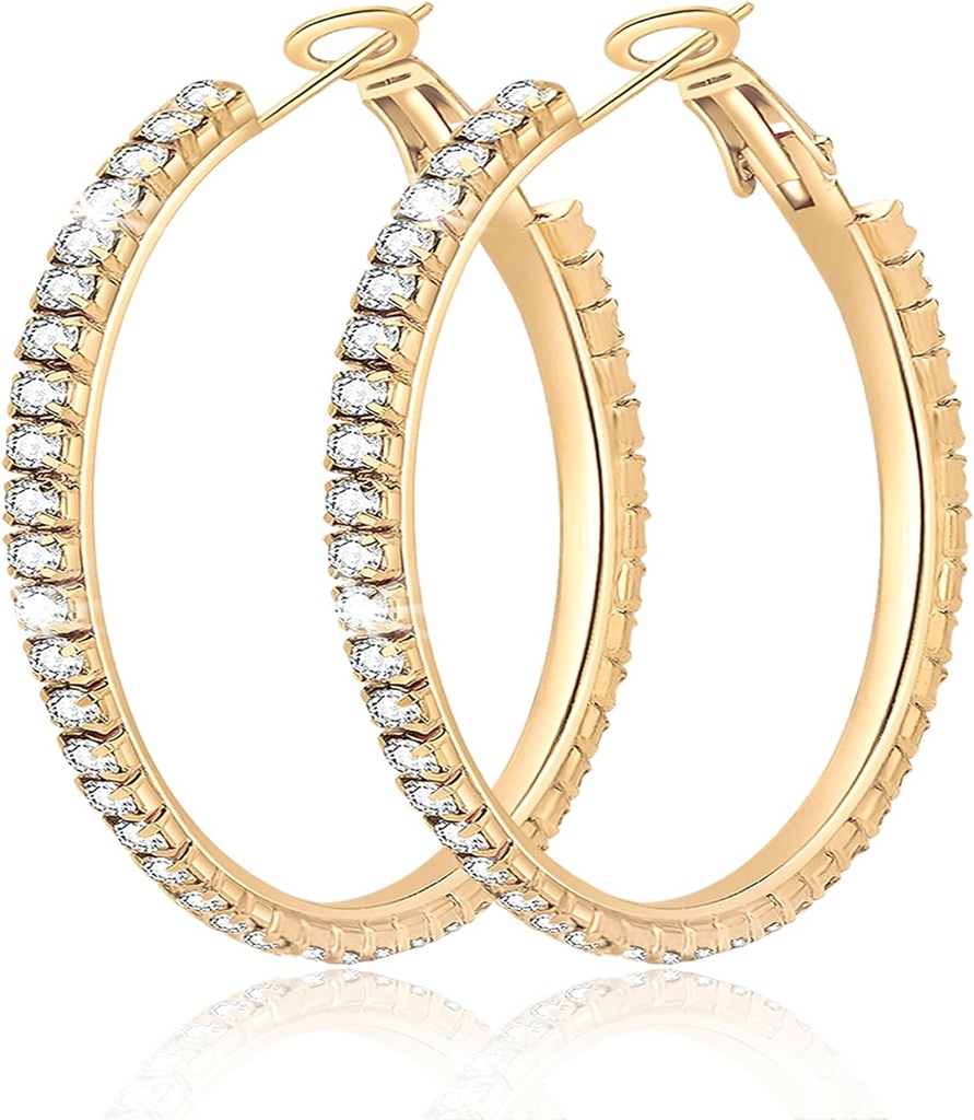 Big Large 925 Sterling Silver Hoop Oorbellen voor vrouwen Pave Crystal 14k Plated Gold Hoops Oorbellen voor vrouwen Dunne Sparkly Cubic Zirconia Statement Rhinestone Jewelry Non Tarnish Hypoallergeen
