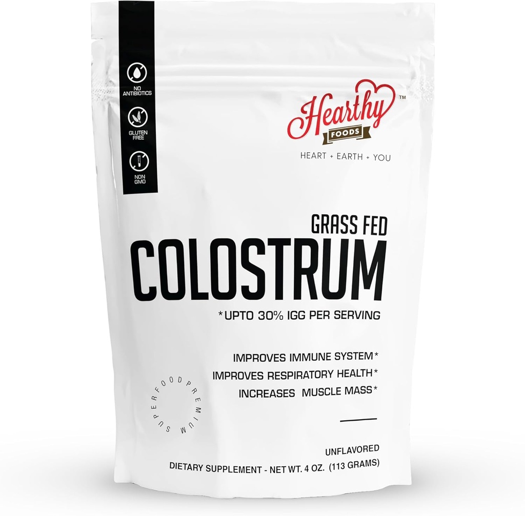 HEARTHY FOODS Pure Bovine Colostrum Powder 4oz 113g - Upto 30% IGG, 22 Servings (5g per seving), Leaky Gut Repair Supplements, Gut Health and Immune Support | Grass-Fed Halal Non GMO, Gluten Free