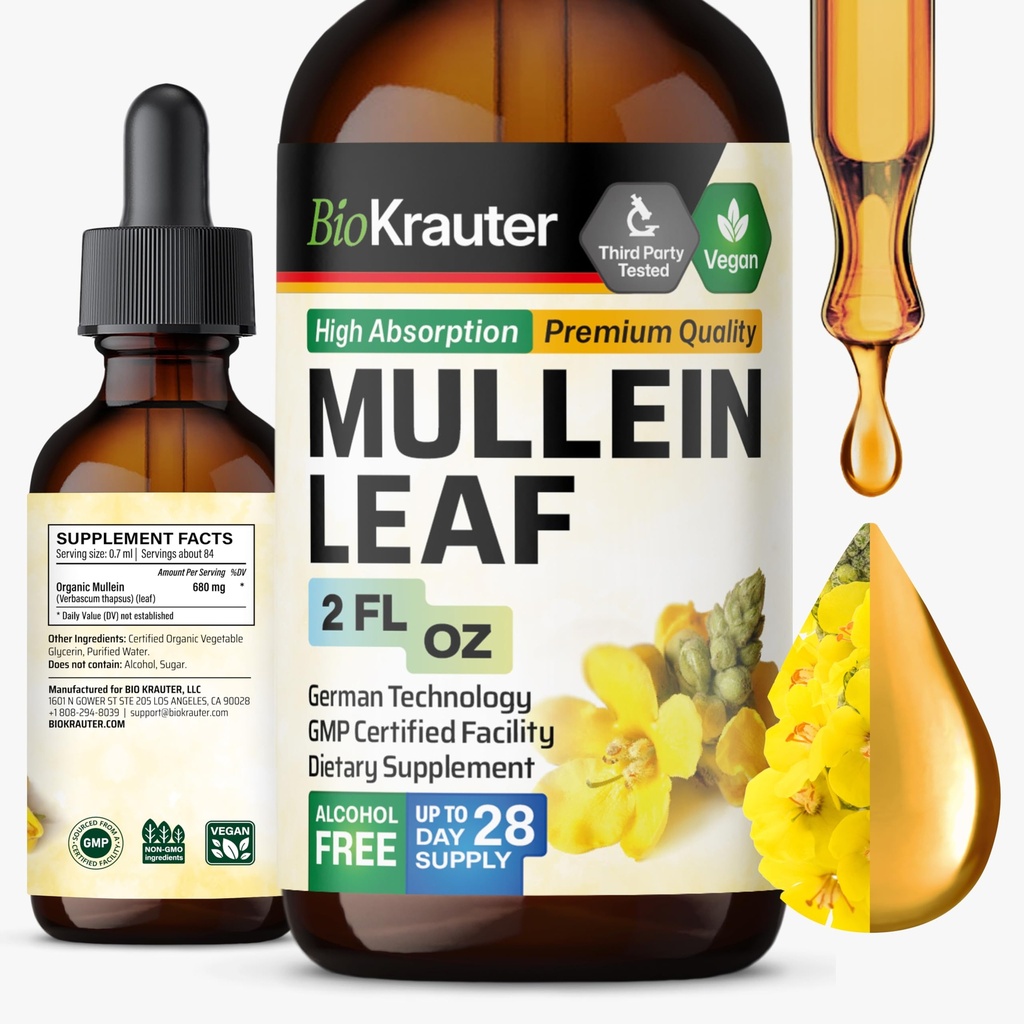 BIO KRAUTER Mullein Leaf Extract for Longs 2 Fl. Oz - 28 Days of Supply - Pure Mullein Drops for Lung Cleanse & Detox - Vegan Respiratory Supplements - Non-GMO, No Sugar & Alcohol