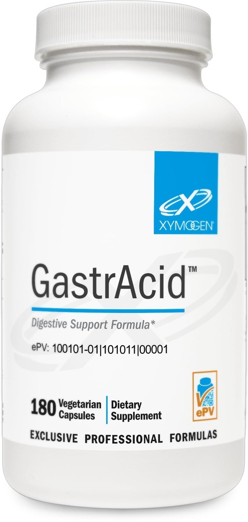 XYMOGEN GastrAcid - Betaine HCl met Pepsine, L-glutaminezuur + Gentiaanwortelverteringsbitter ter ondersteuning van spijsvertering, Nutriënt Absorptie + gezonde maag pH - Gut Health Supplement (180 Capsules)
