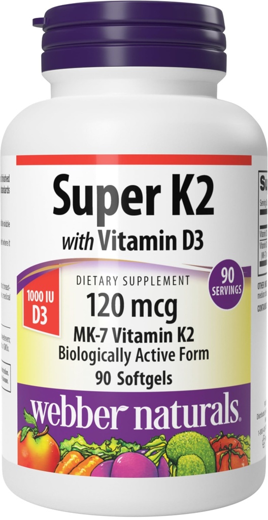 Webber Naturals Super Vitamine K2 MK-7 120 mcg met vitamine D3, 90 Softgels, Ondersteunt Bones, Tanden, en Cardiovasculair Systeem