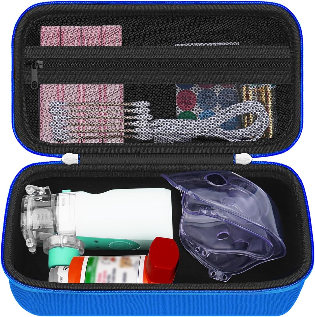 HESTECH Hard Travel Carrying Case for Astma Inhaler for Inhaler Spacer, Mask, Inhaler Holder Astma Bag with Mesh Pocket for Saline Solution and Other Essentials, Blue (Alleen casus)