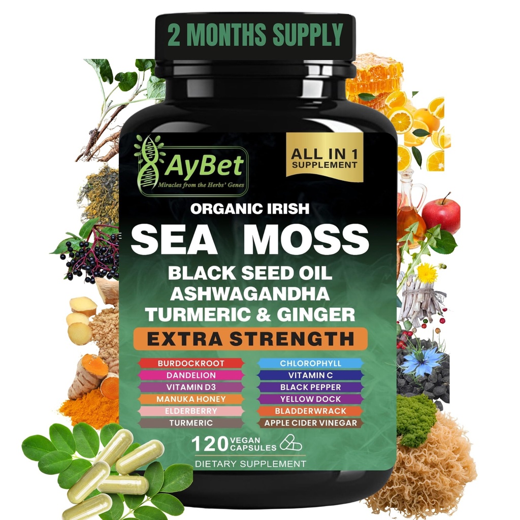 Mousse de mer irlandaise biologique, huile de graines noires, Ashwagandha, curcuma,Ginger Capsule, Bladderwrack, Burdock, VIT C&VIT D3, Elderberry, Manuka Honey, Dandelion, Yellow Dock, Apple Cider Vinegar, Halal, Vegan