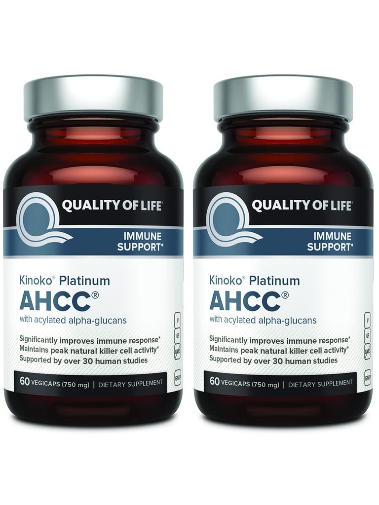 Kwaliteit van leven AHCC Kinoko Platinum 750 mg Premium Immune Support Supplement - Verpakking van 2, 60 Telflessen