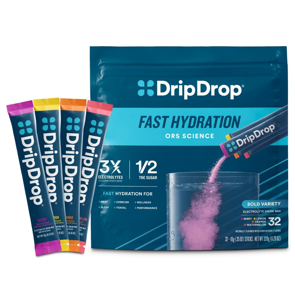DripDrop Hydration Packets - Bold Variety Pack - Single Serve Electrolytes Powder Drink Mix - Watermeloen, Berry, Citroen, Orange - Non-GMO, Glutenvrij, Veganistisch - 32 Sticks