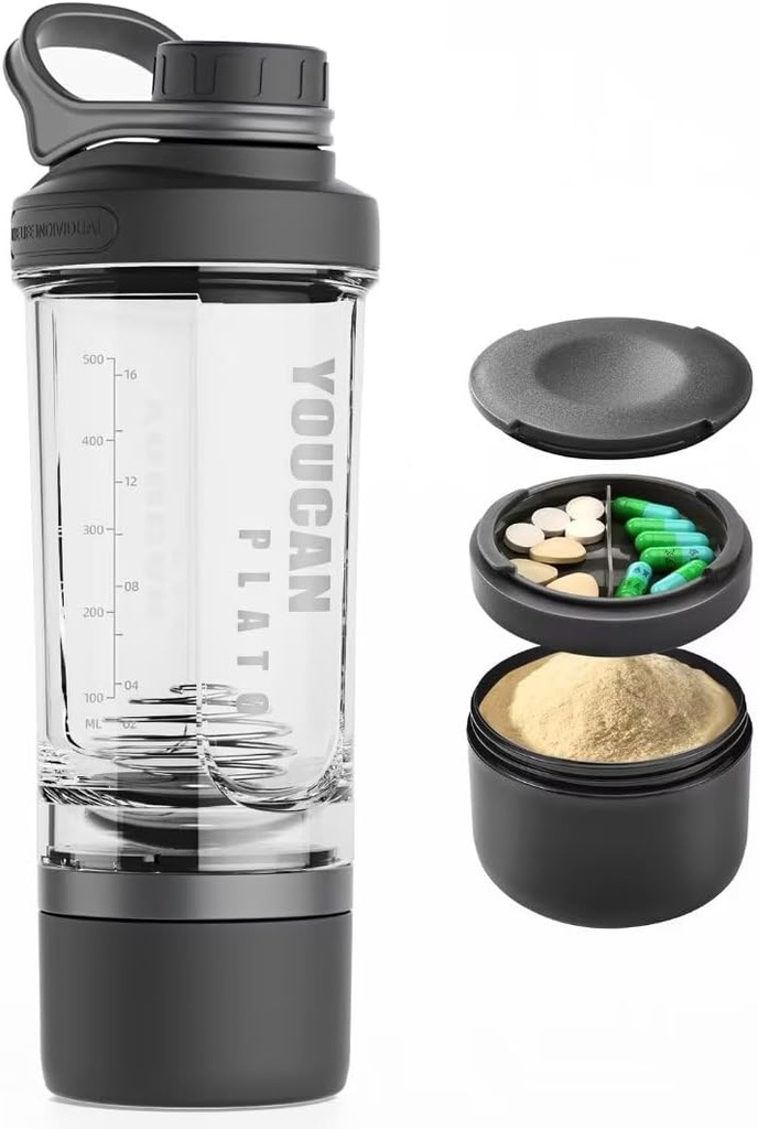 21oz Protein Shaker Bottle with Powder Storage Container-Shaker Cups for Protein Shakes-pre workout bottle-Mixer Cup-Gym Sport Water Bottle -Made with Tritan BPA Free,with Wire Whisk Balls (Black)