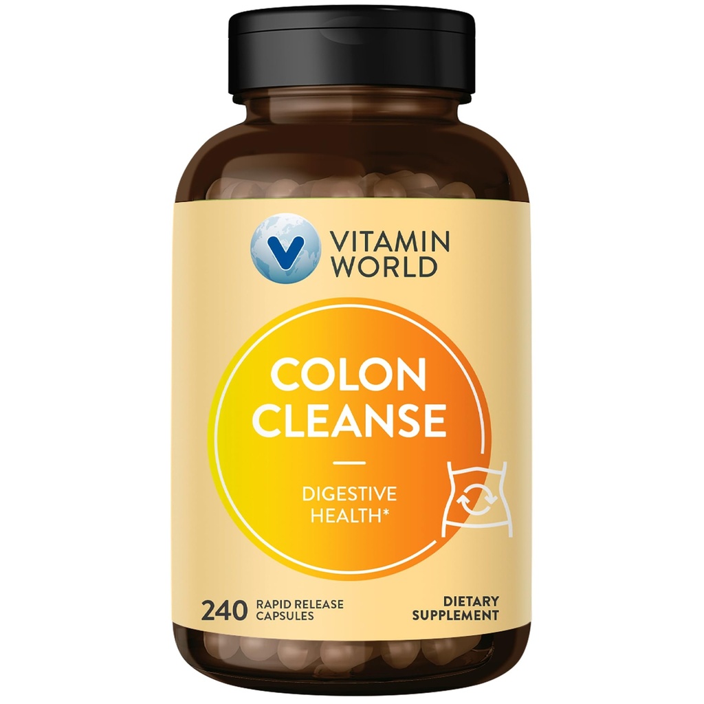 Vitamine World Colon Cleanse - 240 Capsules, Gut Detox met Psyllium Husk, Senna, Probiotica, Dietary Fiber & Herbal Blend Ondersteunt Constipatie Verlichting, Digestieve Gezondheid & Regularity, Glutenvrij