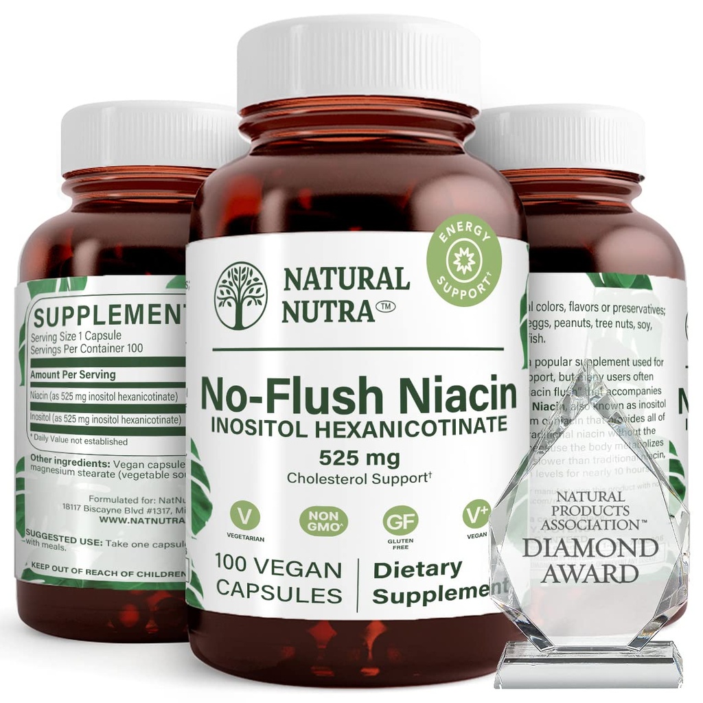 Natuurlijke Nutra No Flush Niacin, Vitamine B3 Supplement, helpt verbeteren Cardiovasculair Gezondheid, helpt verbeteren huidtextuur, bevordert betere hersenfunctie, helpt Boost Energieniveau 525 mg, 100 capsules
