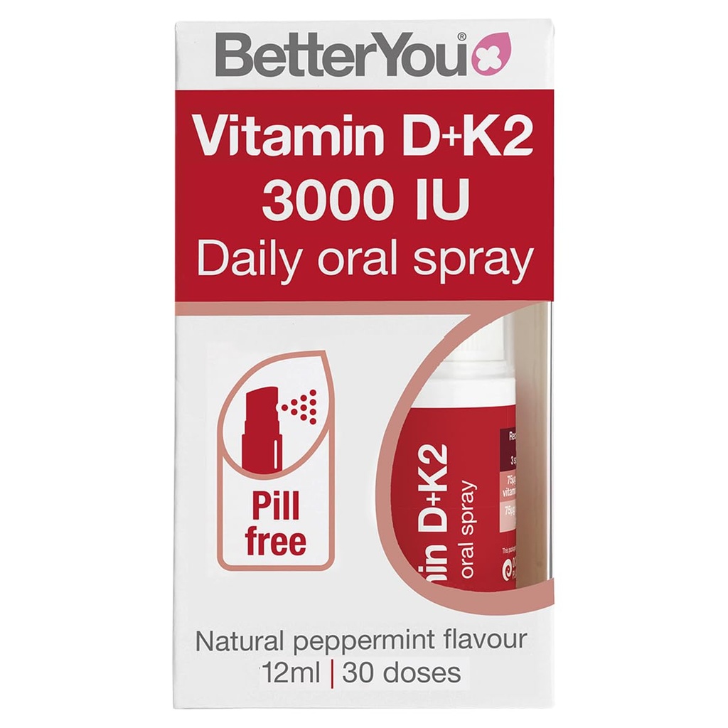 BetterYou D3000 et K2 Vitamine D Spray oral quotidien - Alternative pratique pour les comprimés - Soutient la santé osseuse et le système immunitaire - Prévient le collage du sang - Saveur naturelle de menthe poivrée - 0,4 oz