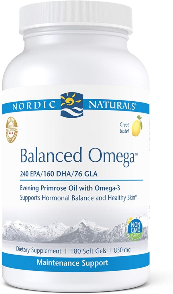 Nordic Naturals Pro Balanced Omega - Fish Oil and Evening Primrose Oil, 240 mg EPA, 160 mg DHA, 76 mg GLA, ondersteunt Hormonal Balance and Healthy Skin*, 180 Zachte Gels